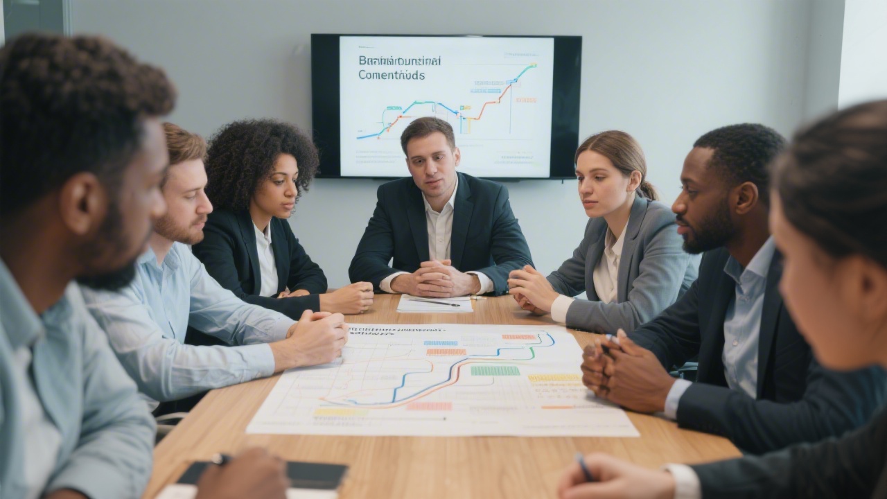 Diverse group of professionals discussing a bilingual content roadmap around a conference table, showing collaboration and strategic planning.