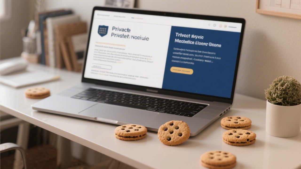 Cookie icons and a laptop on a desk with a privacy notice, symbolizing transparent cookie use for a professional academy website.