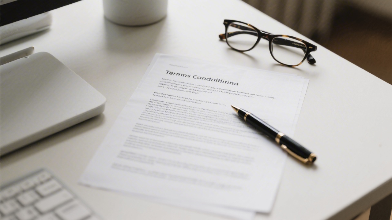 Printed terms and conditions document with a pen and glasses on a desk, representing clear legal usage terms for the academy website.